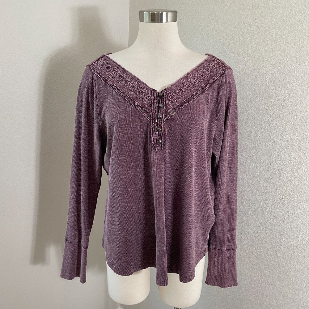 Lucky Brand Womens Plus XXL‎ Washed Purple Long Sleeve Henley Top Floral Boho